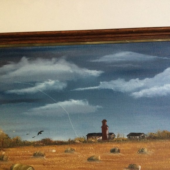 Elevator round Bales Wood frame oil painting farm scene Susan Haywood 2013 small - Picture 2 of 6